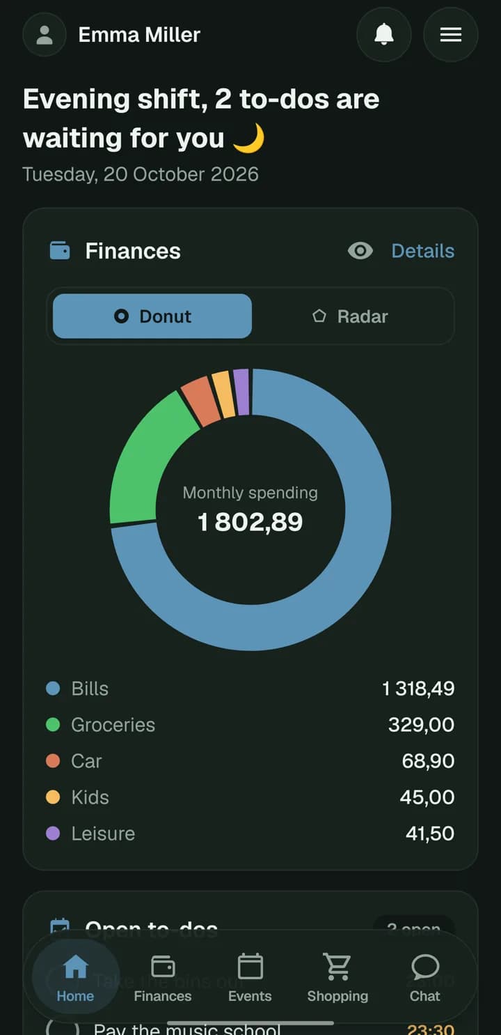 Budget, savings goals, a shared calendar, to-dos, shopping list and family chat in one app — end-to-end encrypted, so only your family can read it.